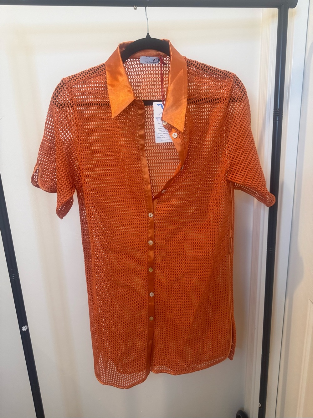 Orange Mesh Swim Coverup Shirt with Satin Collar